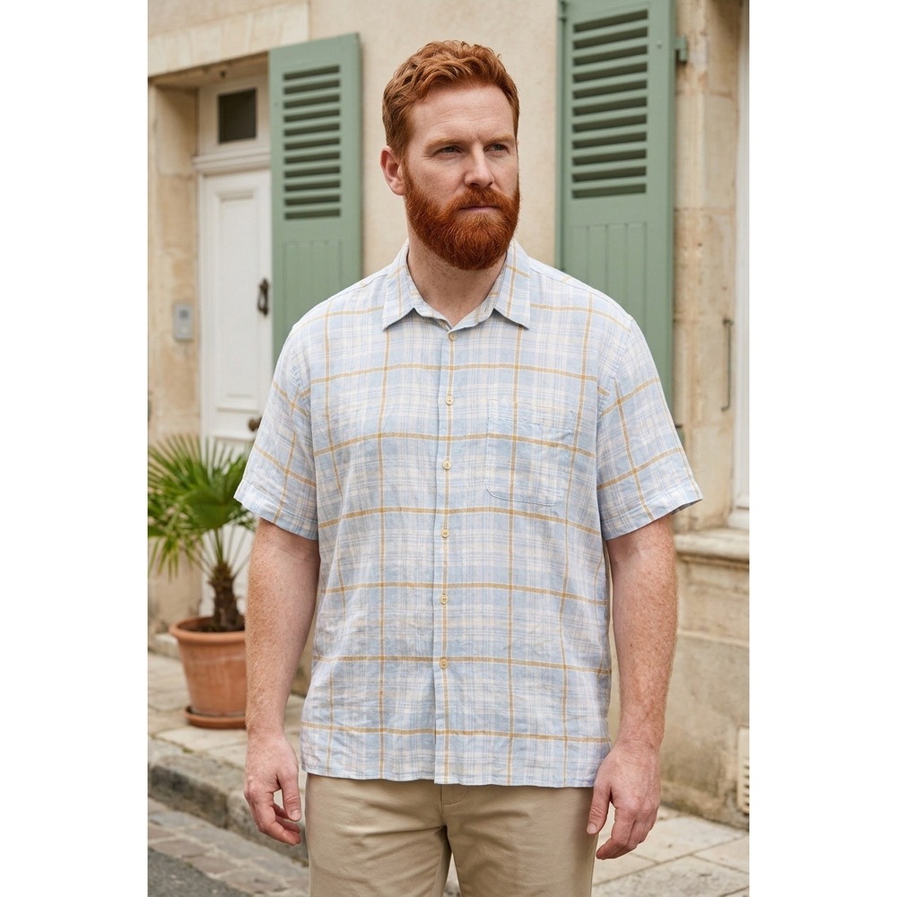 IZOD Mens XXL 100% Washable Linen Short Sleeve Plaid Button Down Shirt Blue Tan